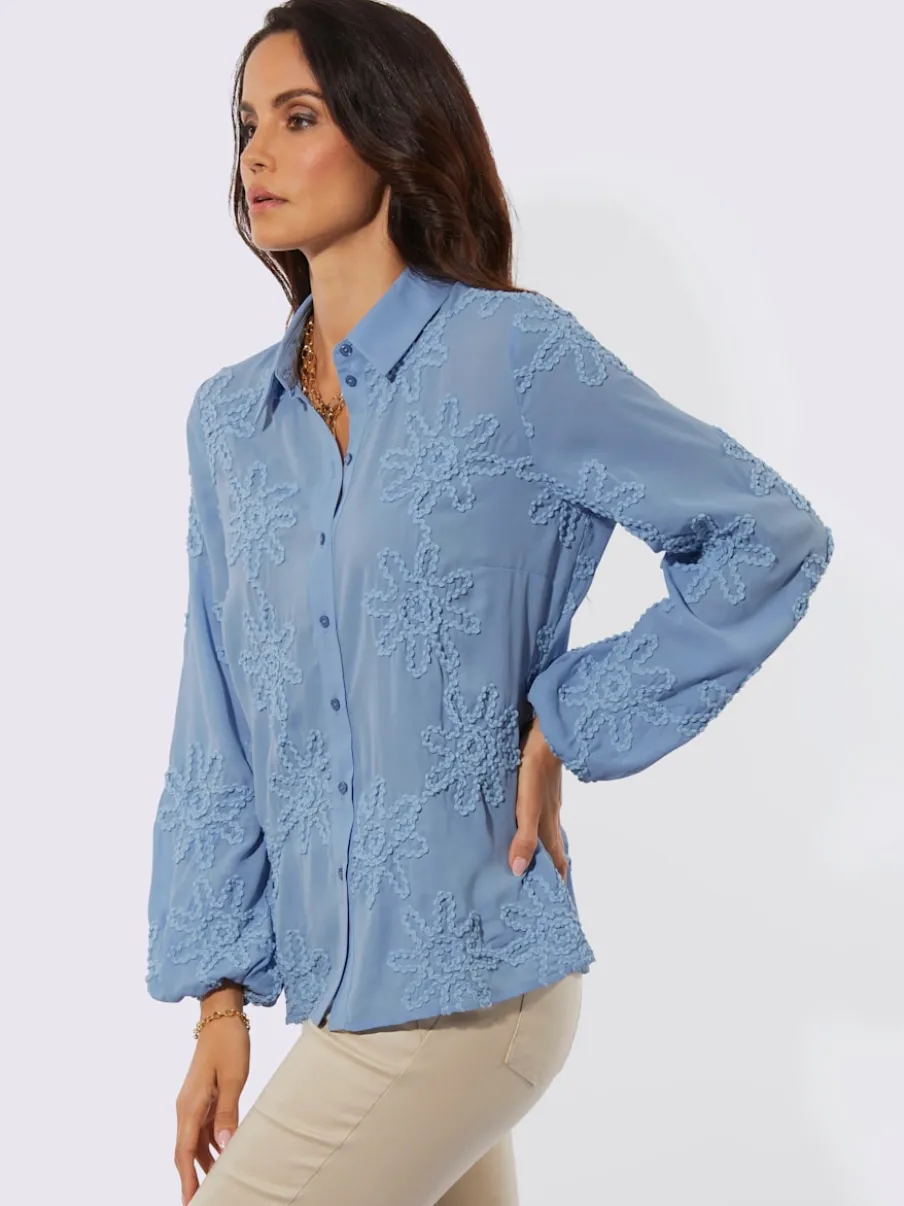 Chemisier à manches longues col chemise application florale tendance