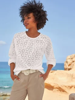 Chemisier à manches longues en pur coton avec broderie ajourée