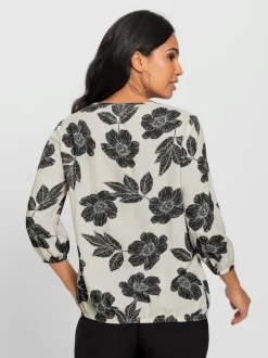 Chemisier à motifs floraux avec encolure ronde plissée