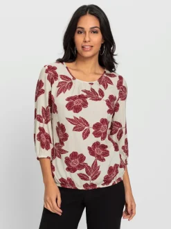 Chemisier à motifs floraux avec encolure ronde plissée