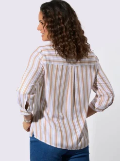 Chemisier rayé en viscose avec col V et manches 3/4 retroussables