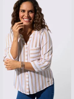Chemisier rayé en viscose avec col V et manches 3/4 retroussables