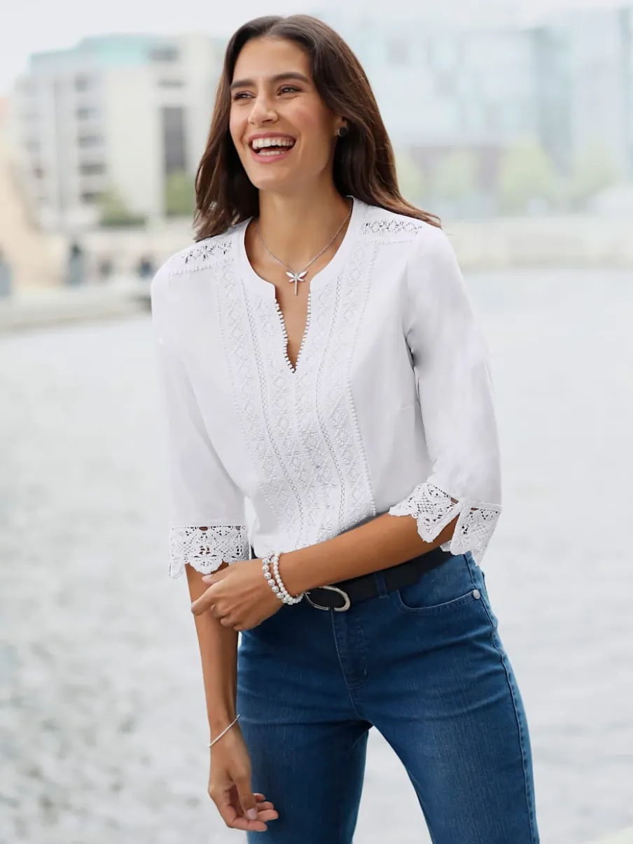 Chemisiers manches trois quarts en dentelle transparente