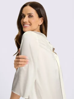 Chemisier soie-viscose col rond manches trois quart fronces