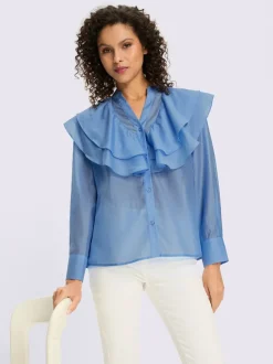 Chemisier à volants en lyocell avec encolure ronde et manches longues