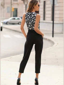Combinaison longue à encolure en V avec motifs floraux et taille élastiquée