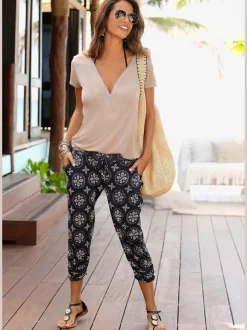 Corsaire d'été en viscose à imprimé floral avec ceinture élastique