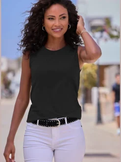 Débardeur basique avec encolure haute et larges bretelles en coton-modal