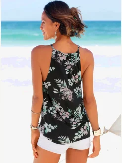 Débardeur de plage à motifs tropicaux avec encolure fendue et bretelles spaghetti