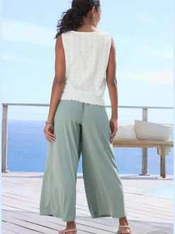 Débardeur d'été sans manches avec motif ajouré et ceinture smockée