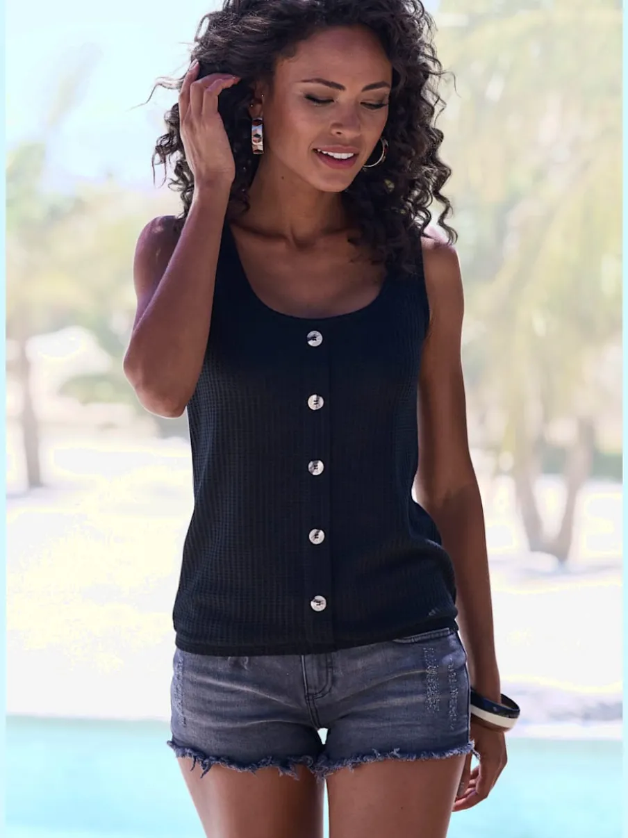 Débardeur sans manches avec patte de boutonnage et ceinture élastiquée