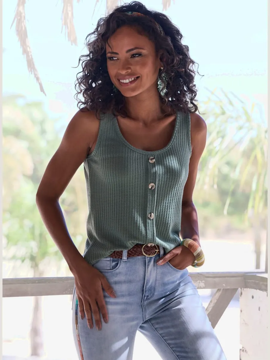 Débardeur sans manches avec patte de boutonnage et ceinture élastiquée