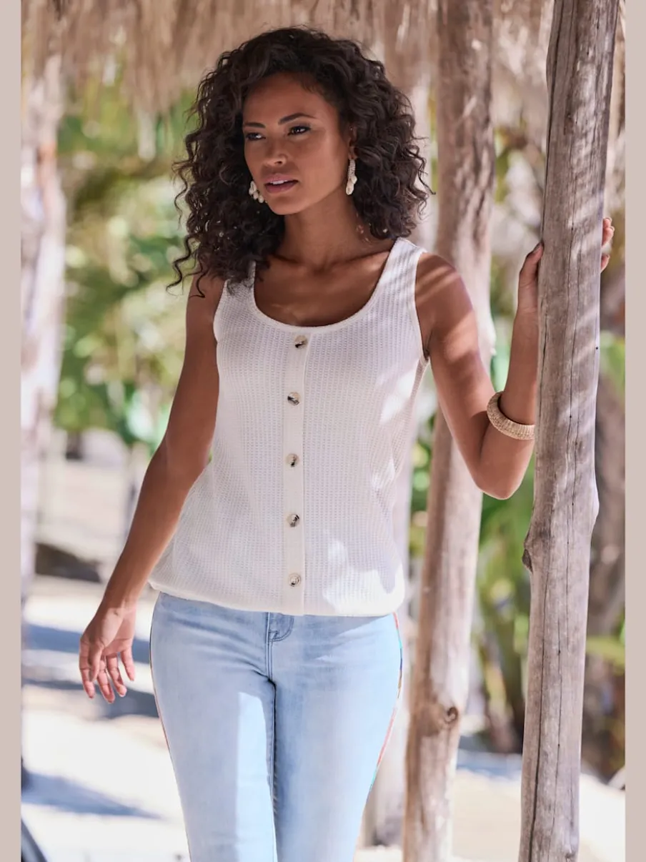 Débardeur sans manches avec patte de boutonnage et ceinture élastiquée