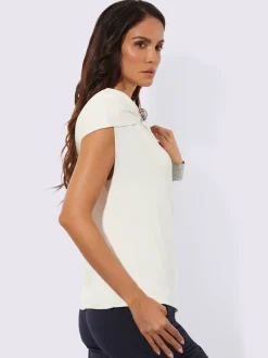 Débardeurs tricot col Carmen avec boucle et fronces