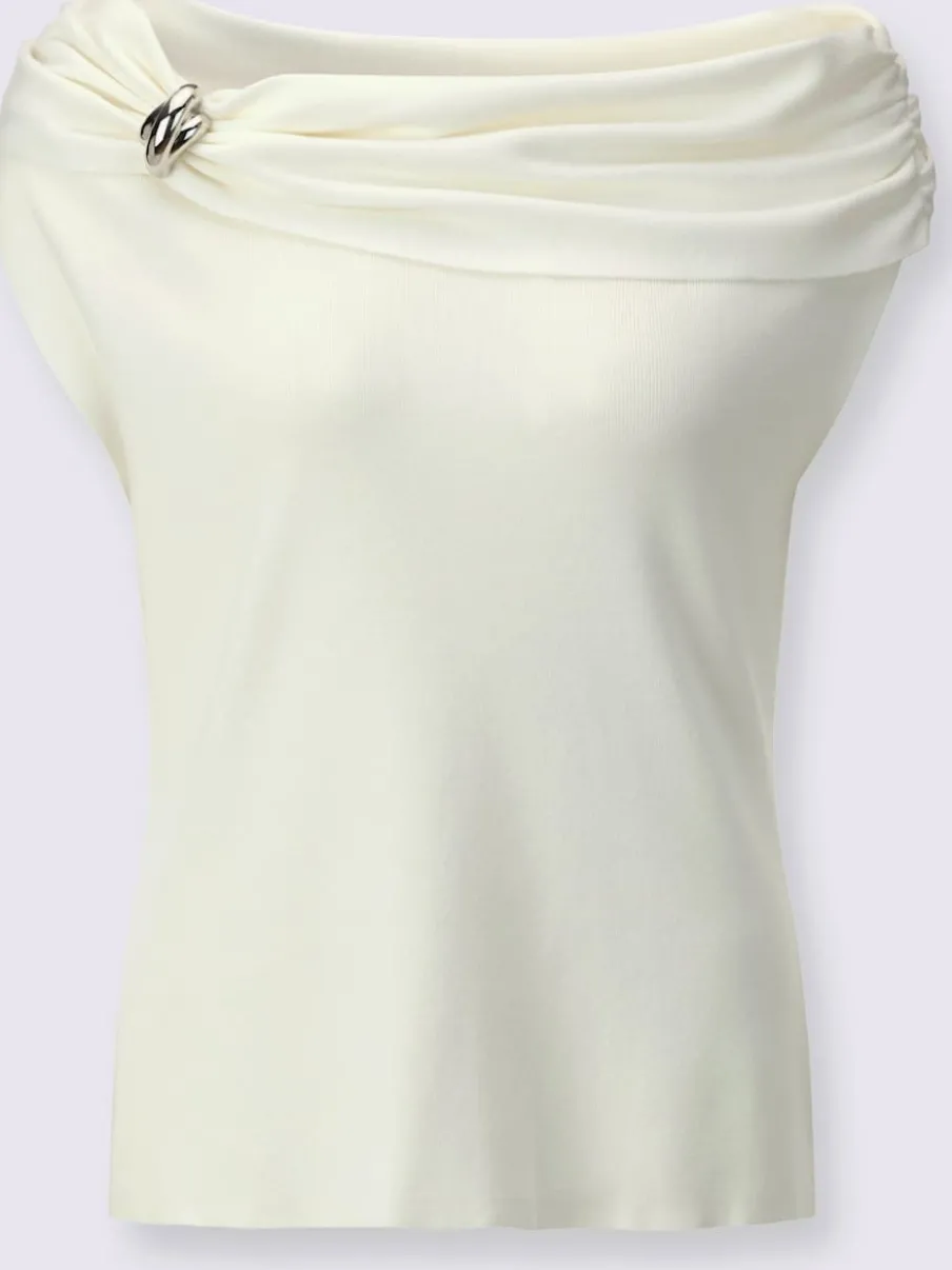 Débardeurs tricot col Carmen avec boucle et fronces
