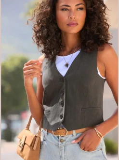 Gilet court à encolure en V avec patte de boutonnage