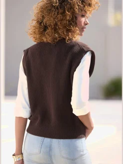 Gilet en tricot à col V profond avec boutons dorés et bords-côtes