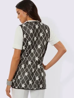 Gilet long avec col V et motifs géométriques fleurs
