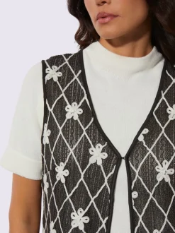 Gilet long avec col V et motifs géométriques fleurs