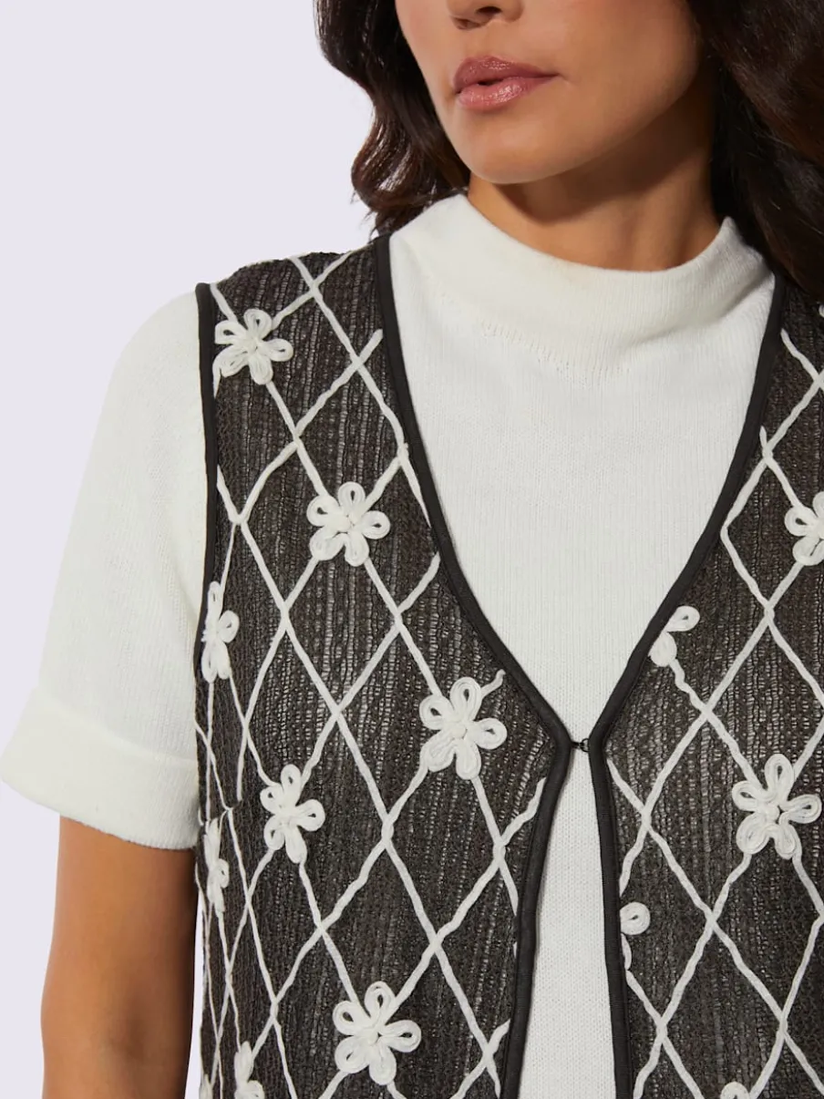 Gilet long avec col V et motifs géométriques fleurs