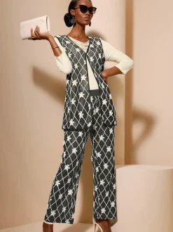 Gilet long avec col V et motifs géométriques fleurs