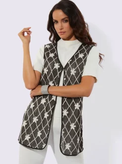 Gilet long avec col V et motifs géométriques fleurs