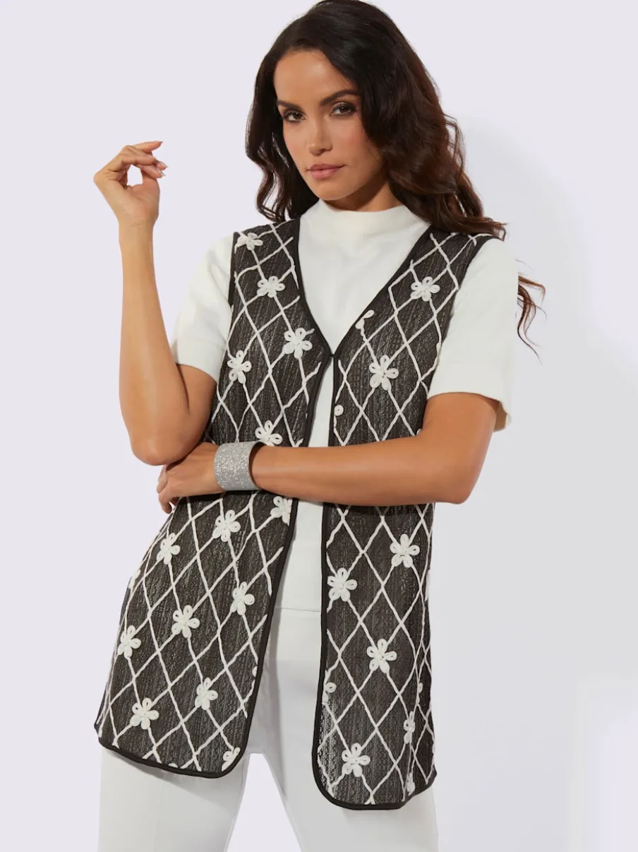 Gilet long avec col V et motifs géométriques fleurs