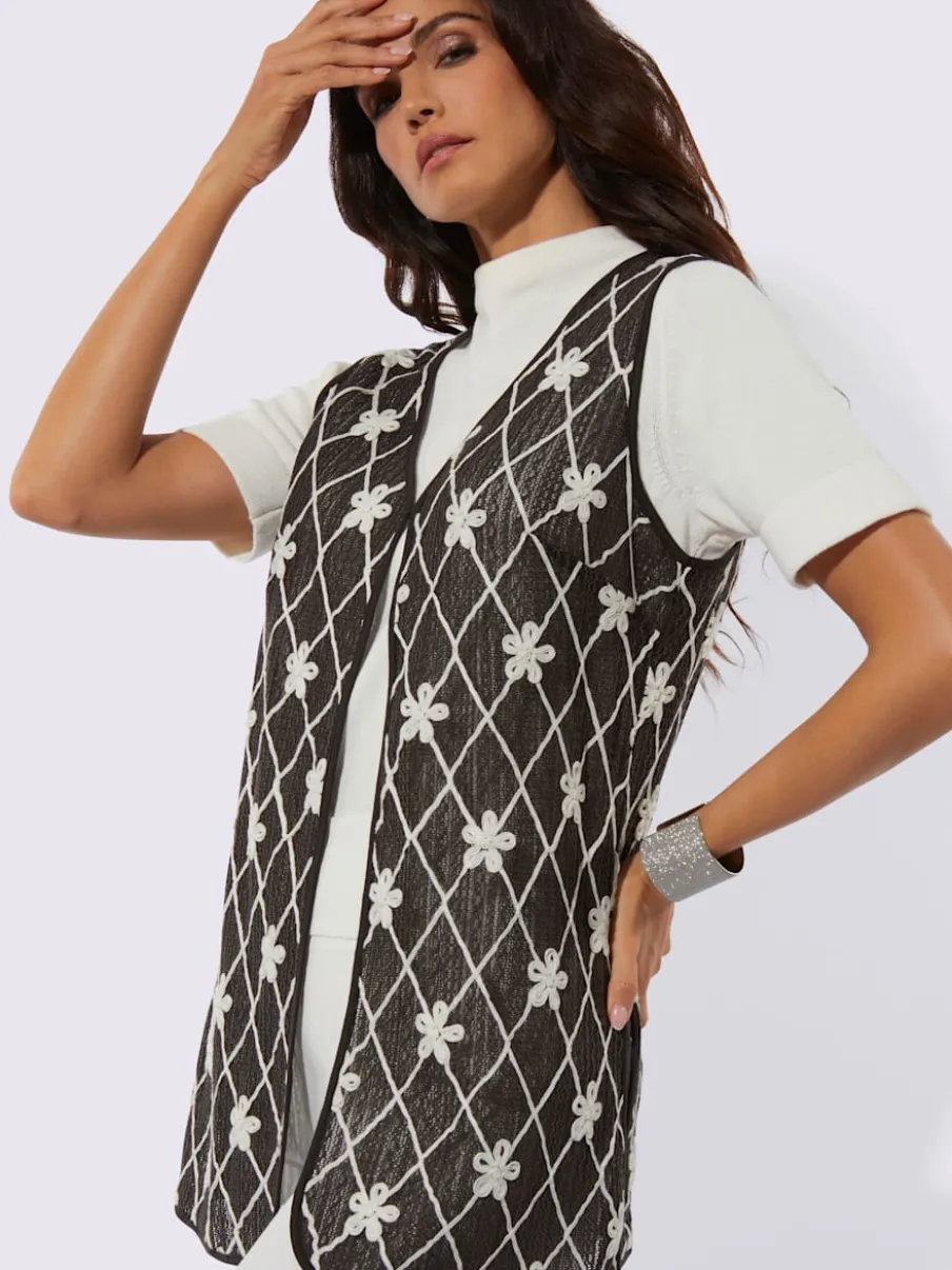 Gilet long avec col V et motifs géométriques fleurs