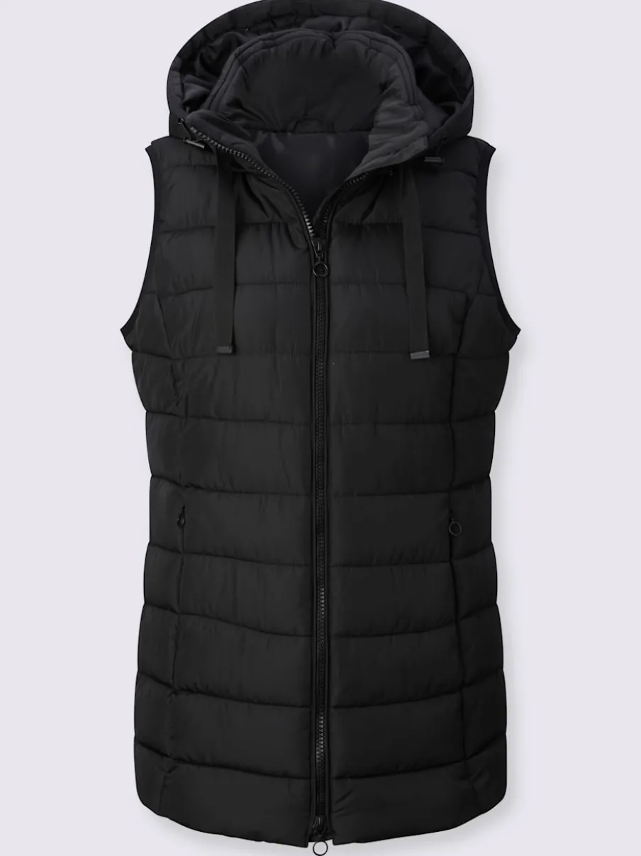 Gilet matelassé long avec col montant et capuche ajustable