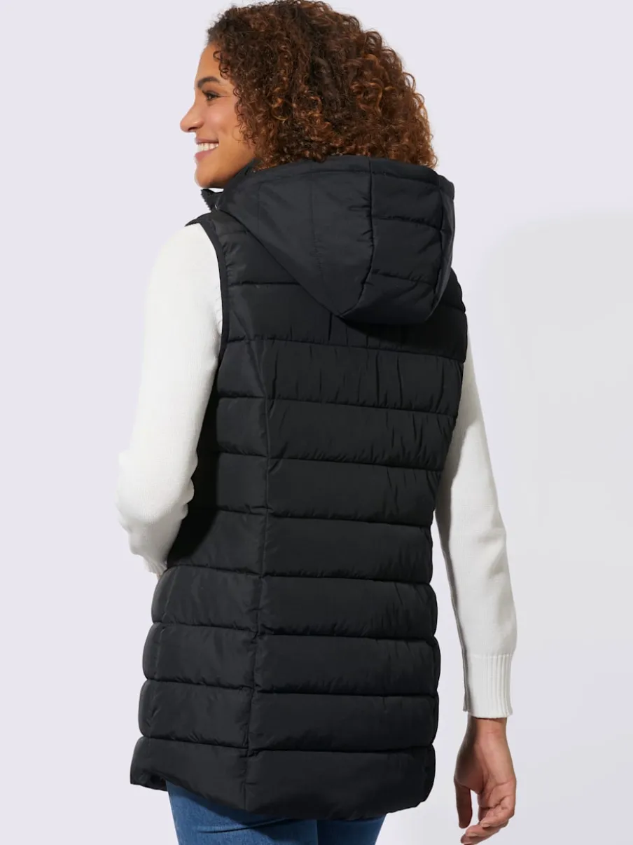 Gilet matelassé long avec col montant et capuche ajustable