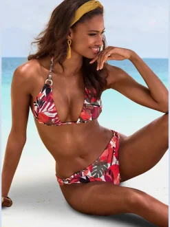 Haut de bikini triangle à imprimé tropical avec anneaux dorés