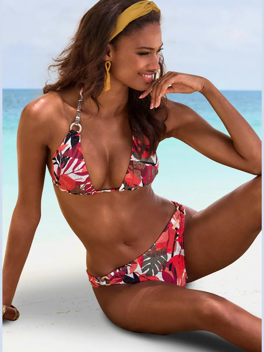 Haut de bikini triangle à imprimé tropical avec anneaux dorés