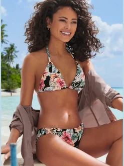 Haut de bikini triangle à imprimé floral avec bonnets amovibles et anneaux brillants