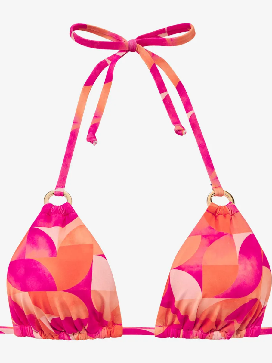 Haut de bikini triangle à motif géométrique en polyamide recyclé avec dos nu et anneaux décoratifs