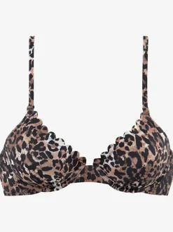 Haut de maillot de bain à armatures avec imprimé léopard et bords ondulés