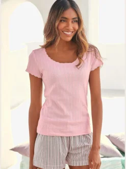 Haut de pyjama t-shirt de nuit fantaisie à manches courtes en tricot ajouré