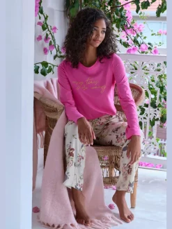Haut de pyjama t-shirt à manches longues avec imprimé feuille
