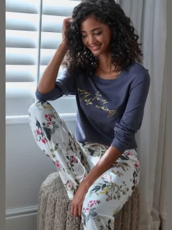 Haut de pyjama t-shirt à manches longues avec imprimé feuille