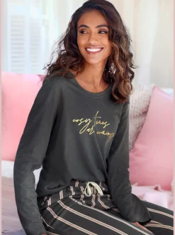 Haut de pyjama t-shirt à manches longues avec imprimé feuille