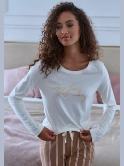 Haut de pyjama t-shirt à manches longues avec imprimé feuille