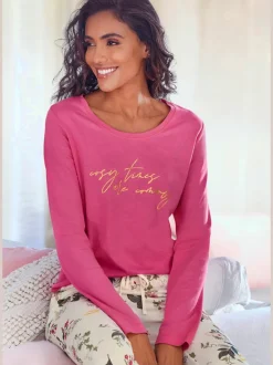 Haut de pyjama t-shirt à manches longues avec imprimé feuille