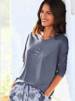 Haut de pyjama t-shirt à manches longues avec imprimé devant
