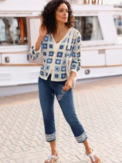 Jean 7/8 avec broderie et ceinture gainante intégrée