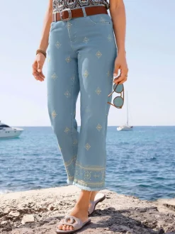 Jean 7/8 avec broderie et franges en coton