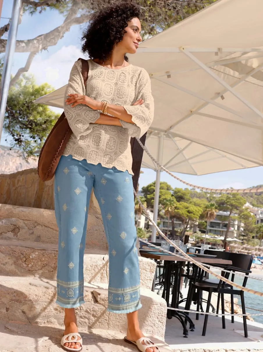 Jean 7/8 avec broderie et franges en coton