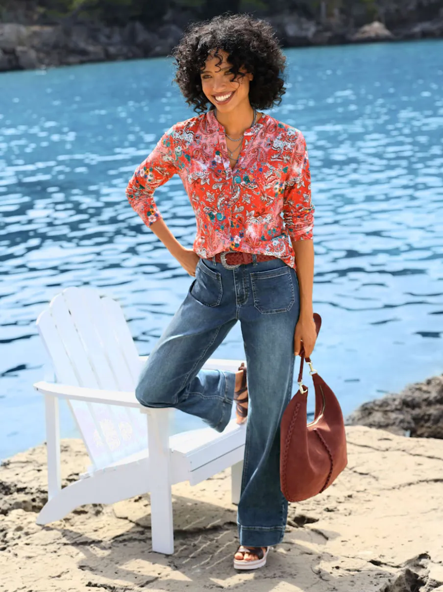 Jean bootcut doux extensible taille haute à poches