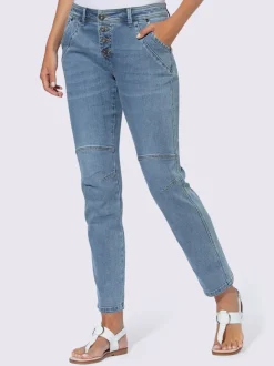 Jean boyfriend 5 poches avec fermeture bouton et coutures décoratives