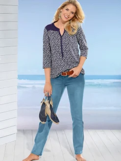 Jean coupe 5 poches avec ceinture élastique latérale et empiècement au dos