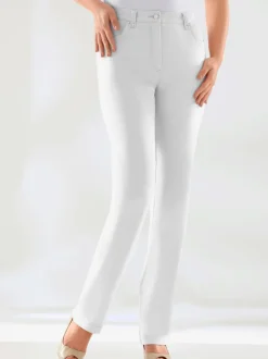 Jean droit avec ceinture élastique poches arrière brillantes.