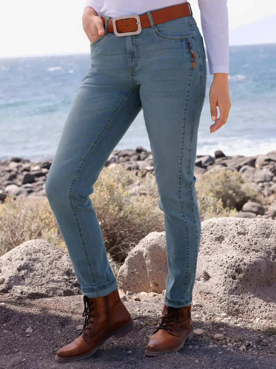 Jean effet délavé avec poches et ceinture gainante